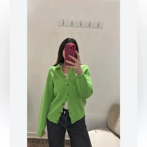 WILFRED CLAUDETTE LIME GREEN 100% MERINO WOOL CARDIGAN SMALL - Picture 2 of 7